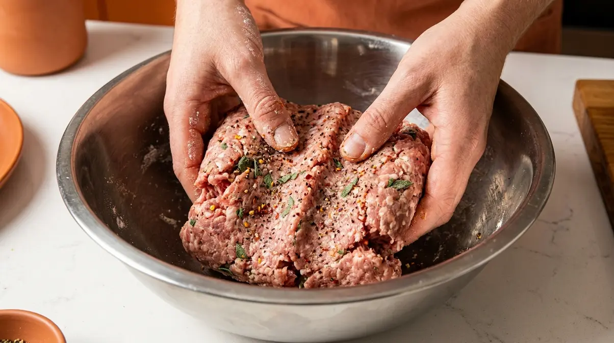 Mixing Jimmy Dean copycat breakfast sausage seasoning into ground pork by hand in a large bowl