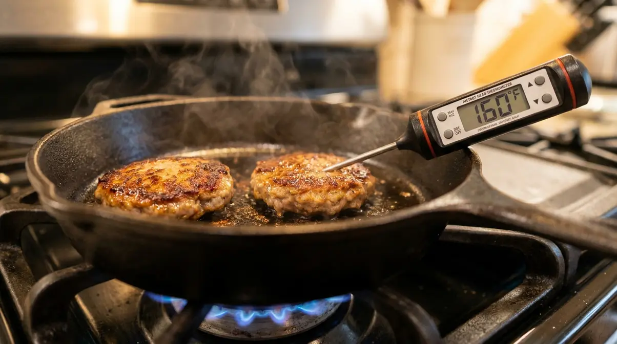 Homemade Jimmy Dean copycat breakfast sausage patty in cast iron skillet with instant-read thermometer reading 160 degrees Fahrenheit
