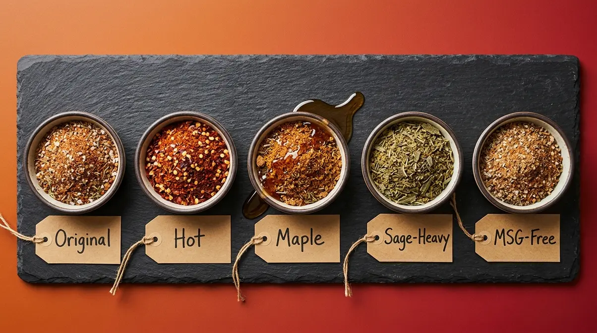 Five breakfast sausage seasoning variation bowls labeled Original Hot Maple Sage-Heavy and MSG-Free on slate