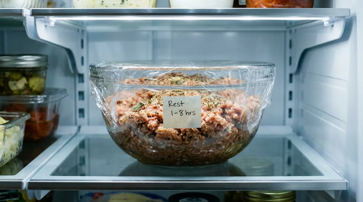 Bowl of seasoned copycat Jimmy Dean breakfast sausage mixture covered with plastic wrap resting in refrigerator overnight
