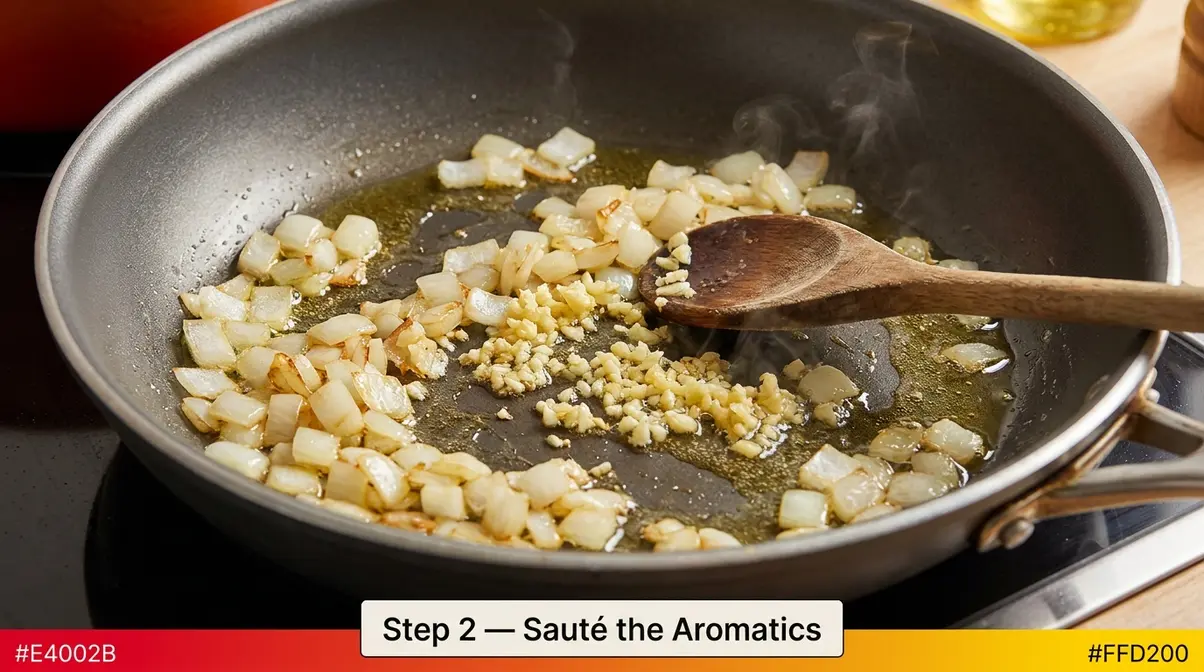 Diced onion and minced garlic sautéing in hot oil in a large skillet, step two of the recipe