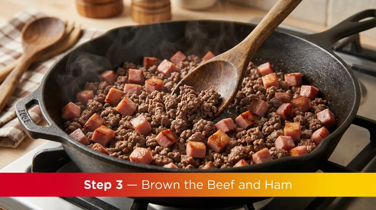 Ground beef and diced ham browning evenly in a large skillet, step three of the recipe