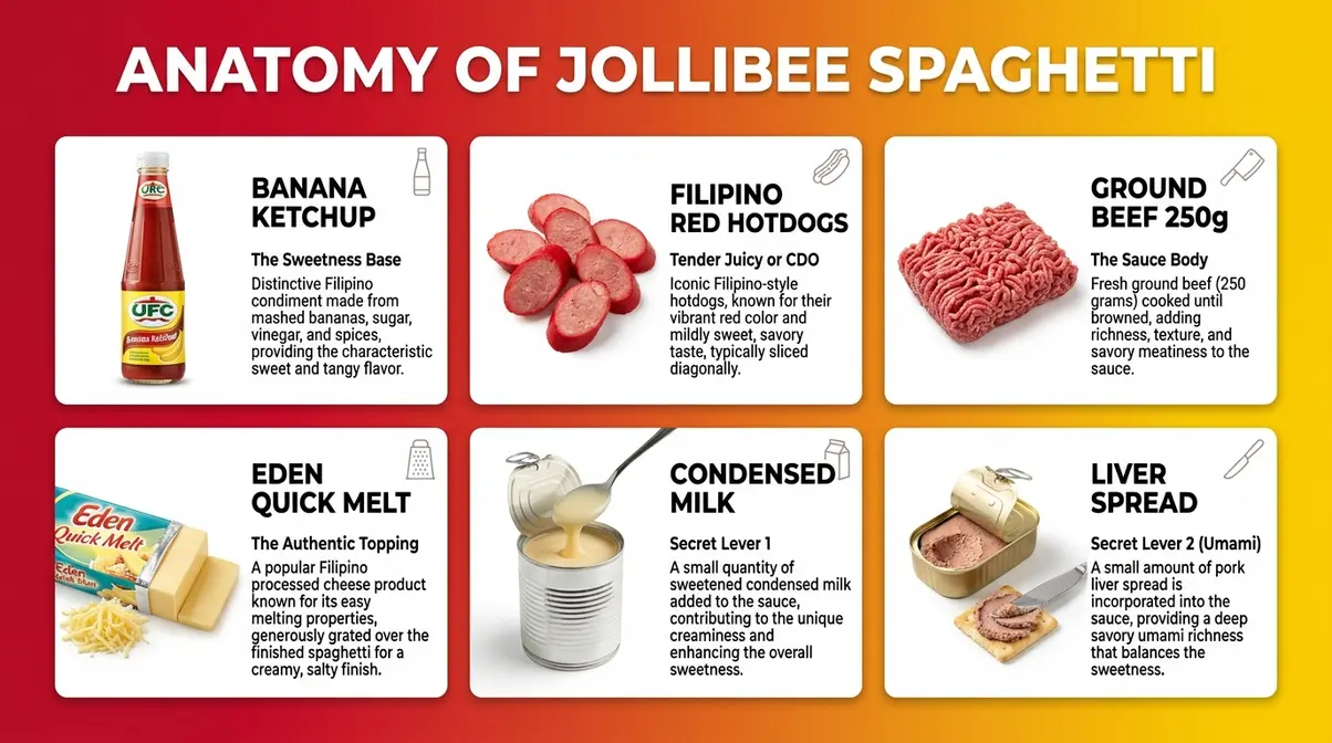 Infographic showing six key ingredients of Jollibee spaghetti copycat recipe including banana ketchup and Eden cheese
