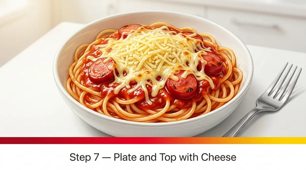 Plated Jollibee spaghetti copycat with bright red sweet sauce, red hotdog slices, and grated Eden cheese on top