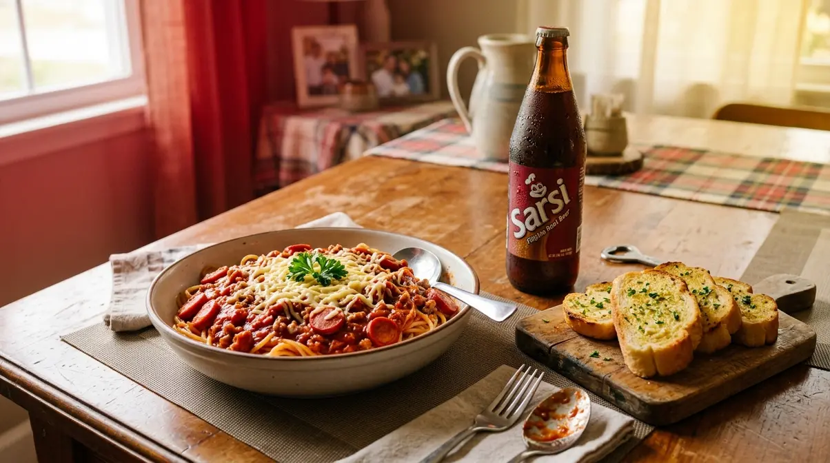 Jollibee spaghetti copycat served with toasted garlic bread and Sarsi Filipino root beer for a complete meal