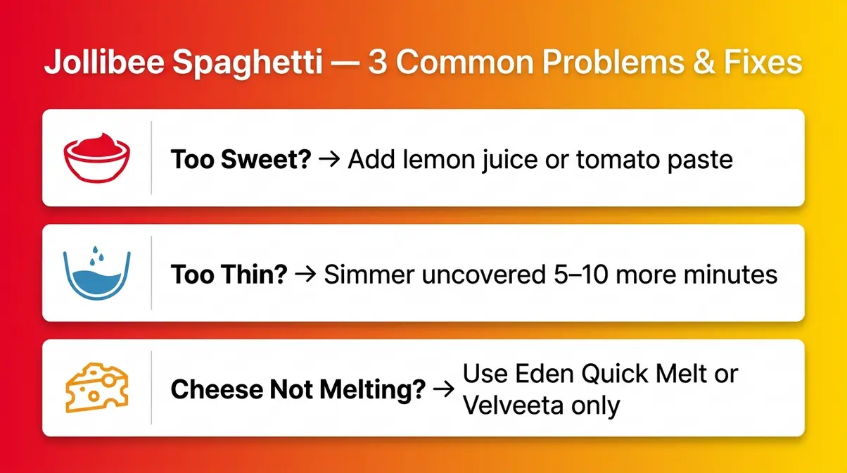 Troubleshooting guide showing three common Jollibee spaghetti problems — too sweet, too thin sauce, and cheese not melting