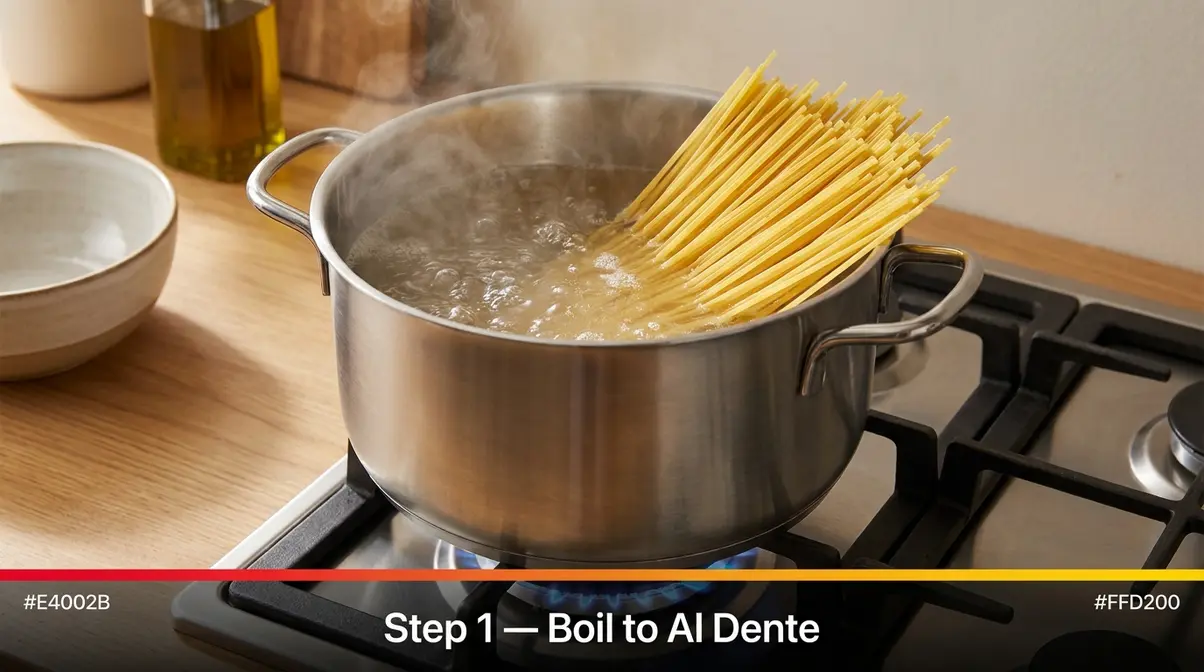 Spaghetti noodles boiling in a large pot of salted water at the al dente stage