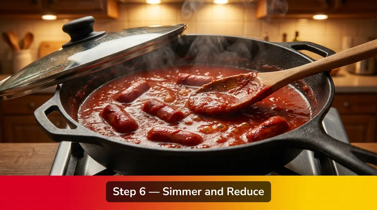 Deep red Jollibee spaghetti sauce simmering and thickening in a skillet with plump red hotdog slices