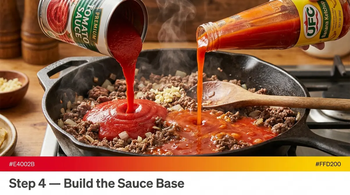 Tomato sauce and UFC banana ketchup being poured into a skillet with browned beef to build the sauce base