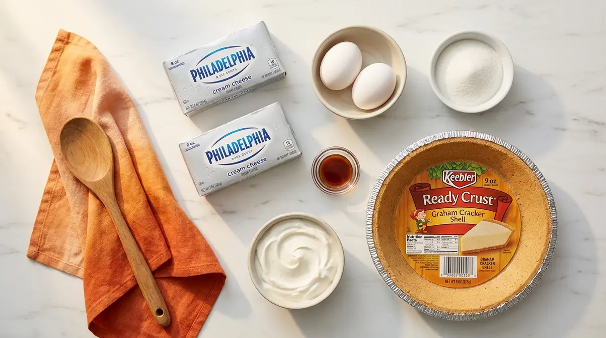 All ingredients for a Keebler cheesecake recipe laid out on a counter, including cream cheese, eggs, and a Keebler Ready Crust