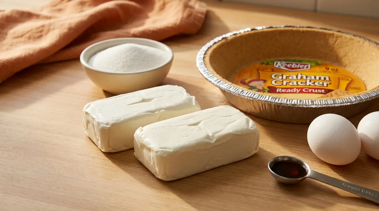 Measured ingredients for a Keebler cheesecake recipe on a kitchen counter, cream cheese blocks softened and ready to mix