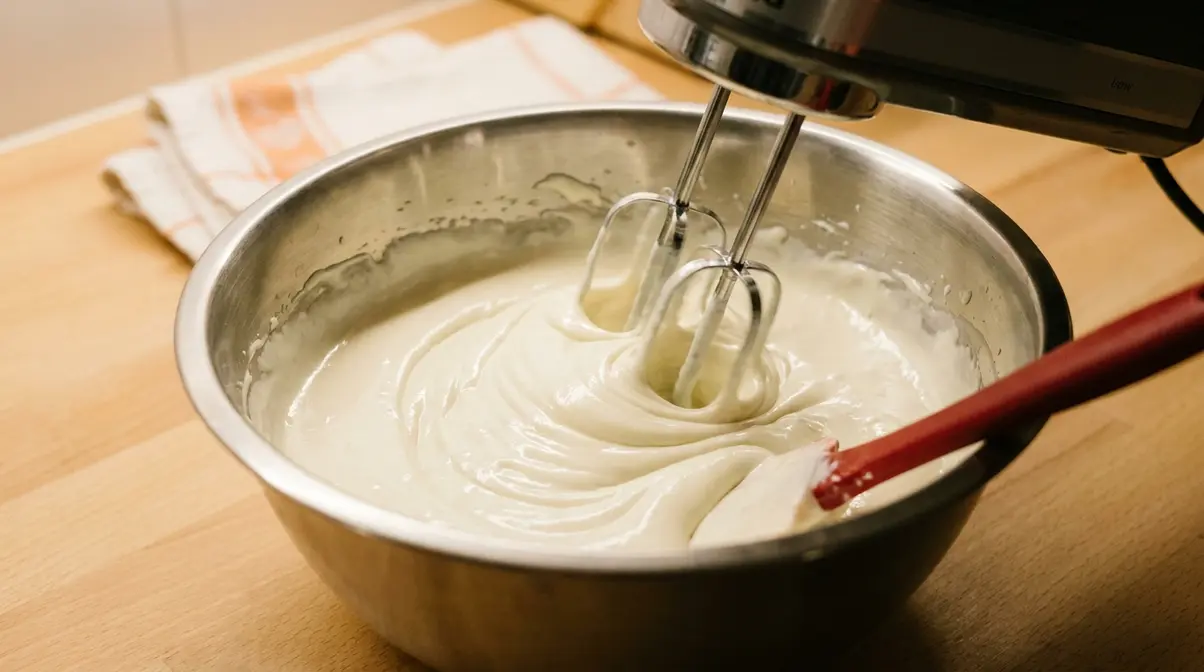 Cream cheese filling being mixed in a bowl for a Keebler cheesecake recipe, smooth and glossy