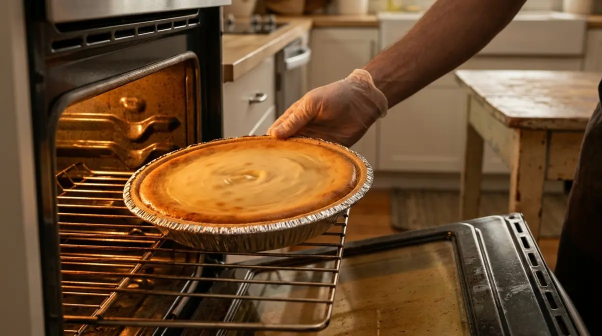 Baked Keebler cheesecake in the oven showing the jiggle test doneness cue, golden edges and slightly wobbly center