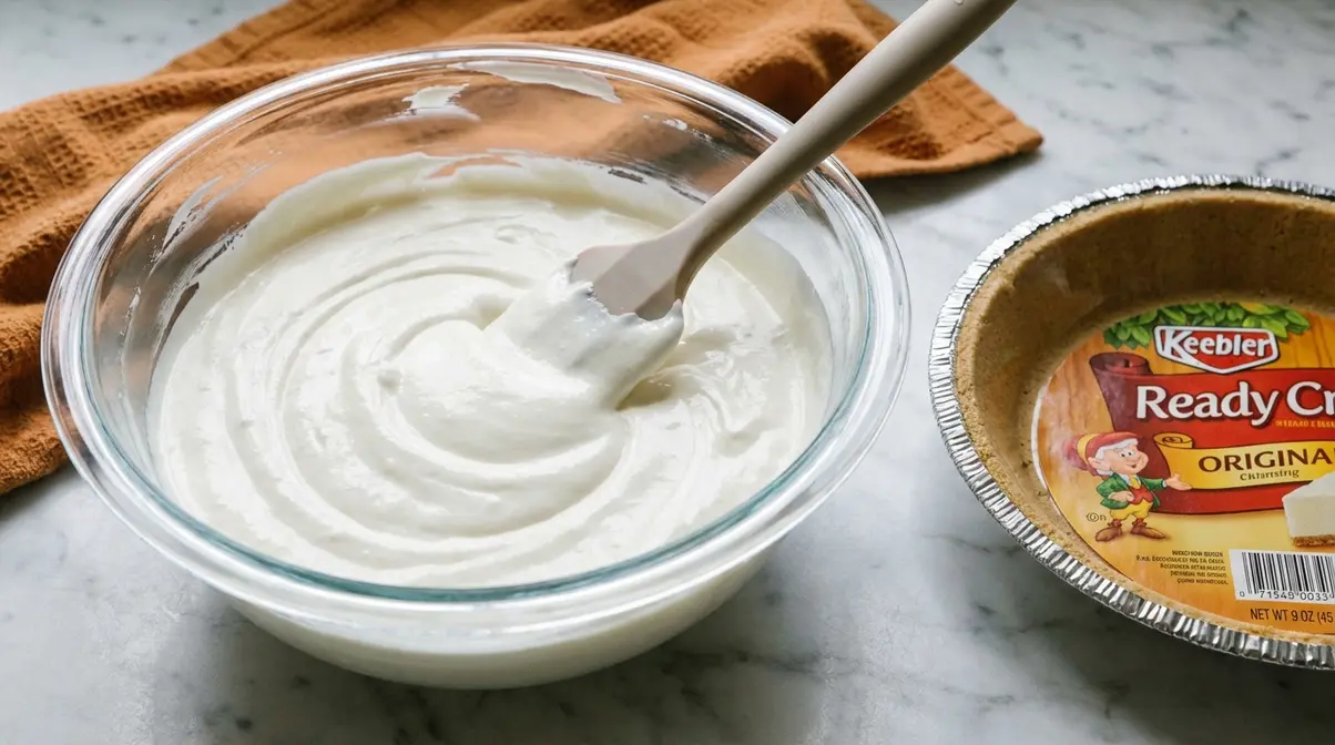 Smooth no-bake cheesecake filling in a mixing bowl, ready to pour into a Keebler Ready Crust