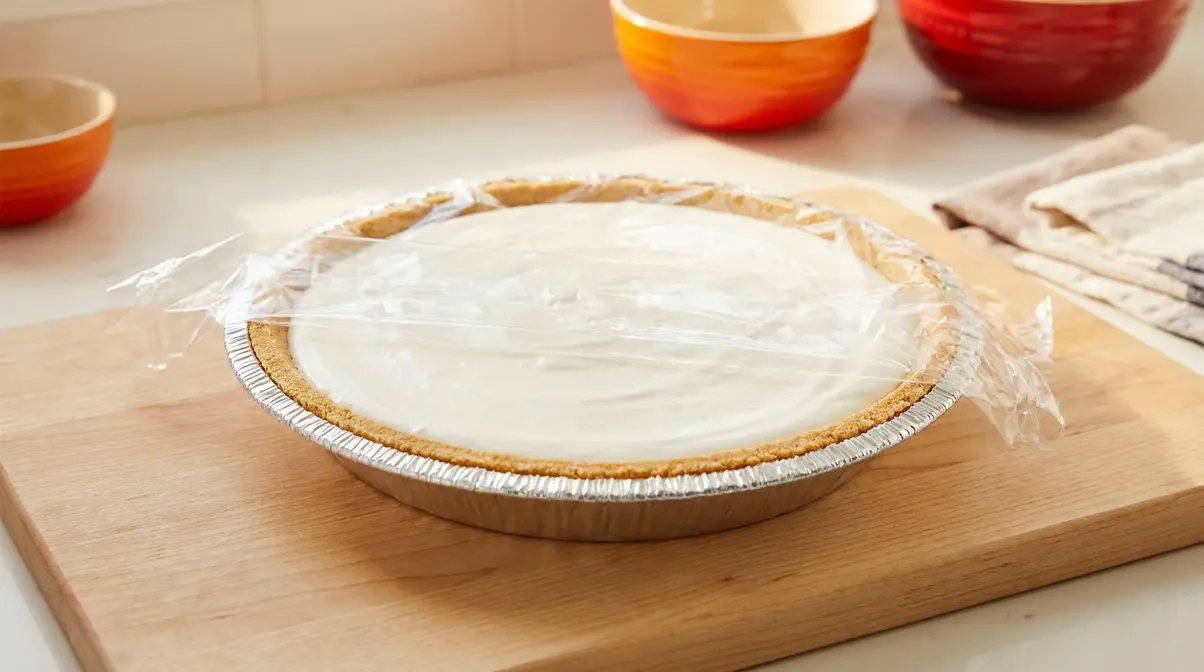 Assembled no-bake Keebler cheesecake in a Keebler Ready Crust before refrigerating