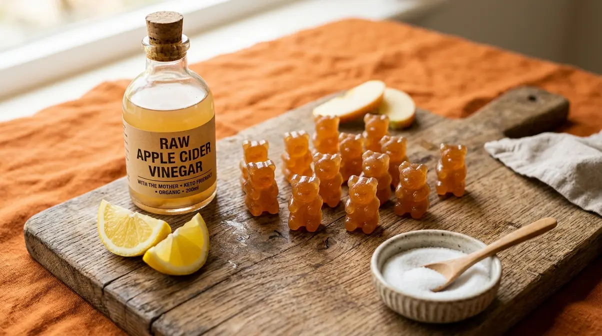Apple cider vinegar keto gummies on a wooden board with a bottle of raw ACV and lemon wedges for flavor variation
