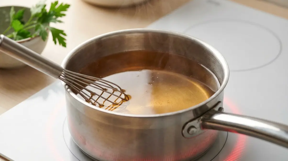 Clear dissolved gelatin liquid in a saucepan on low heat stovetop for sugar-free keto gummies, smooth and lump-free