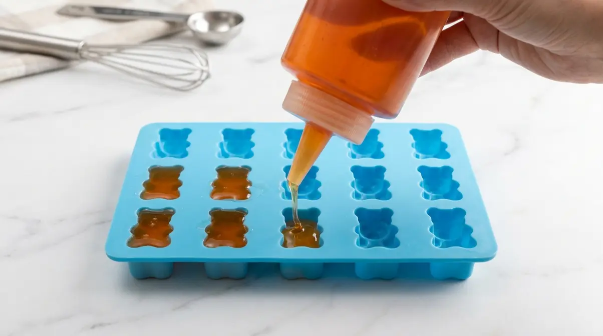 Filling silicone keto gummy bear molds using a squeeze bottle with warm sugar-free gelatin mixture for keto gummies recipe