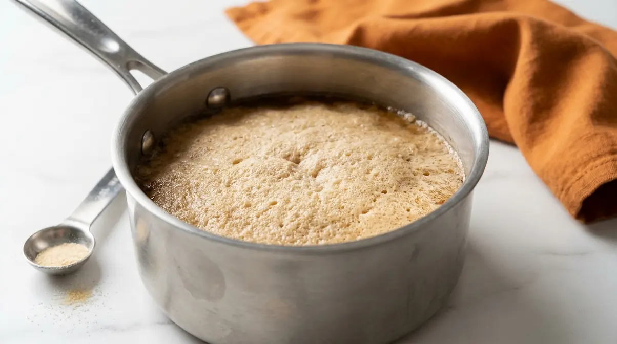 Gelatin powder blooming in cold sugar-free liquid in a small saucepan, forming a thick spongy mass for keto gummies recipe