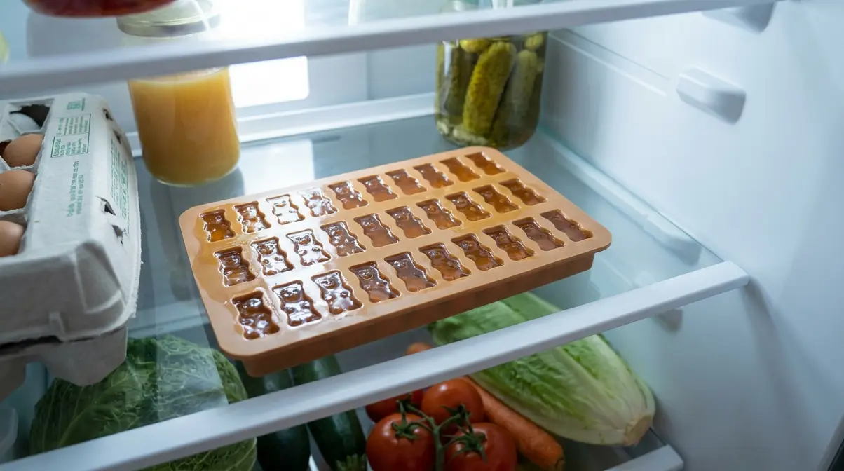 Silicone keto gummy bear molds filled with sugar-free gelatin mixture setting flat and uncovered on refrigerator shelf