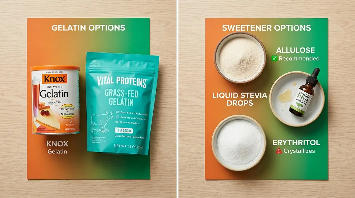 Keto gummies recipe gelatin and sweetener options showing allulose, stevia, and erythritol comparison on white surface
