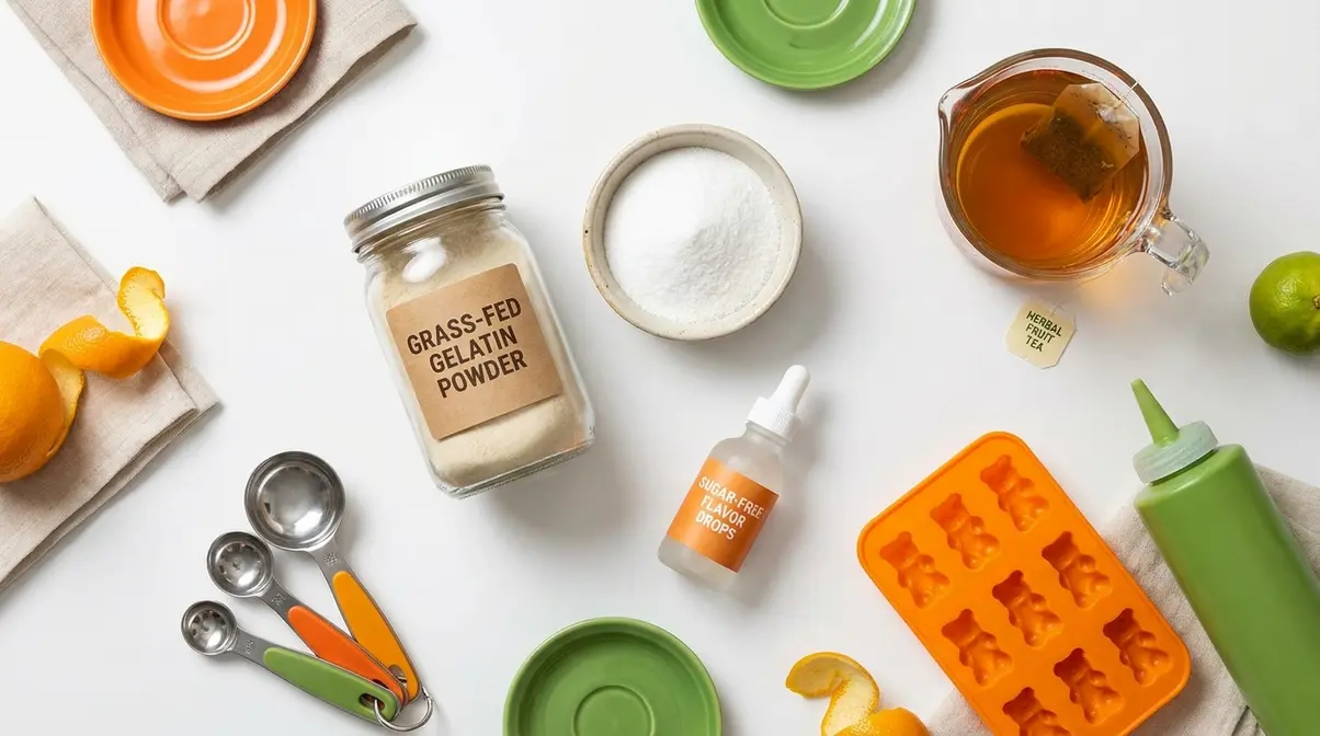 Keto gummies recipe ingredients including gelatin powder, allulose sweetener, and sugar-free liquid on a white surface