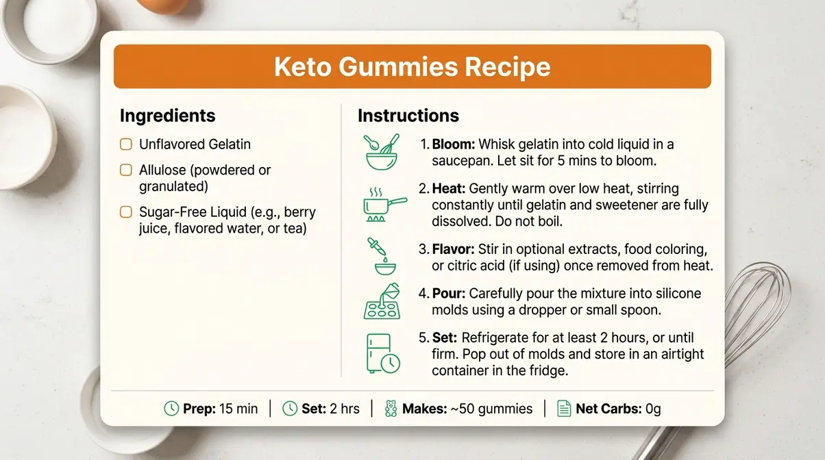 Printable recipe card for easy keto gummies recipe showing 3 ingredients and 5 steps with prep time and nutrition