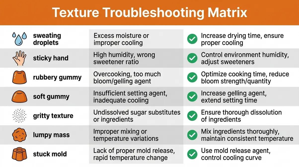 Keto gummies texture troubleshooting matrix showing seven symptoms, root causes, and fixes for common keto gummy problems