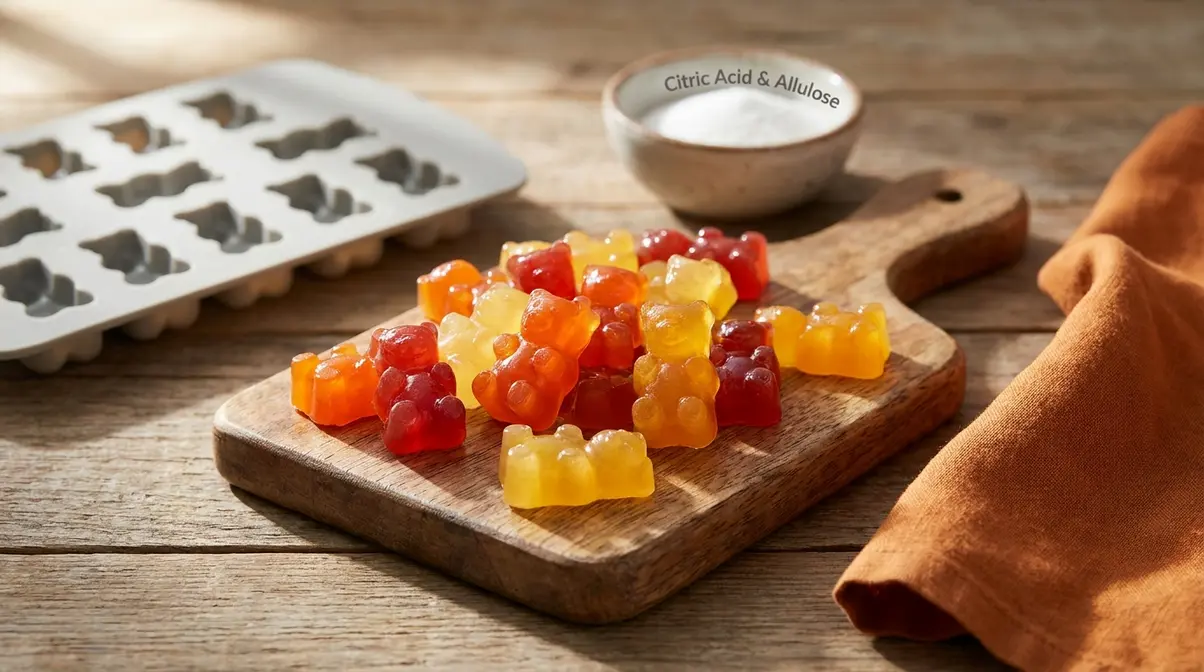 Finished sugar-free keto gummy bears unmolded from silicone mold on a wooden board, firm glossy zero-carb treats ready to eat