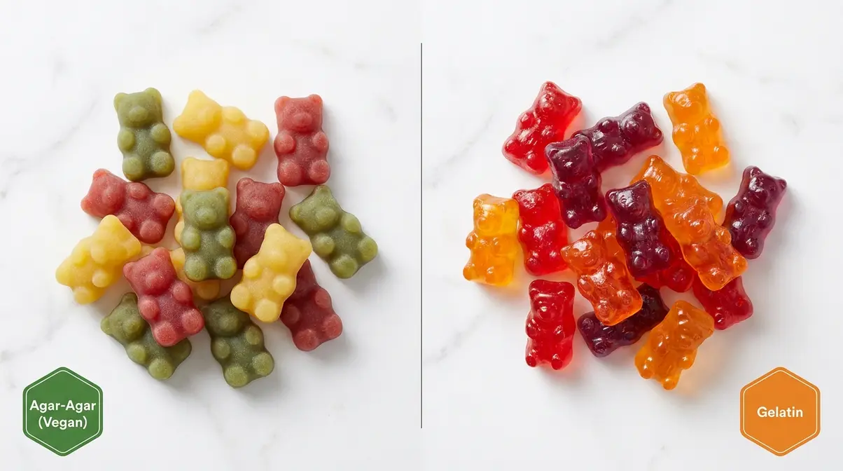 Side-by-side comparison of vegan agar-agar keto gummies and gelatin keto gummies showing texture and opacity differences