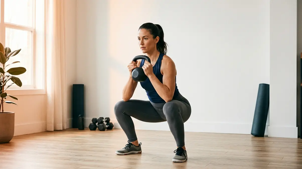 Woman performing goblet squat with kettlebell demonstrating female-specific strength training protocol