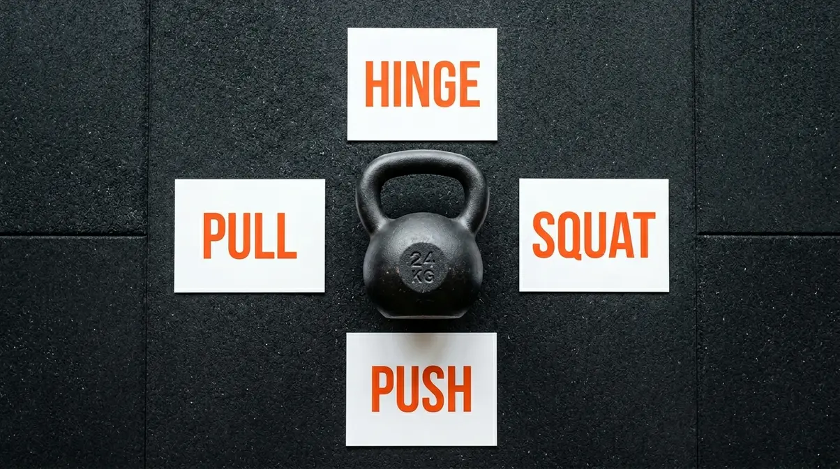 Kettlebell centered with four movement pattern labels showing the 4-Pillar Protocol for strength training