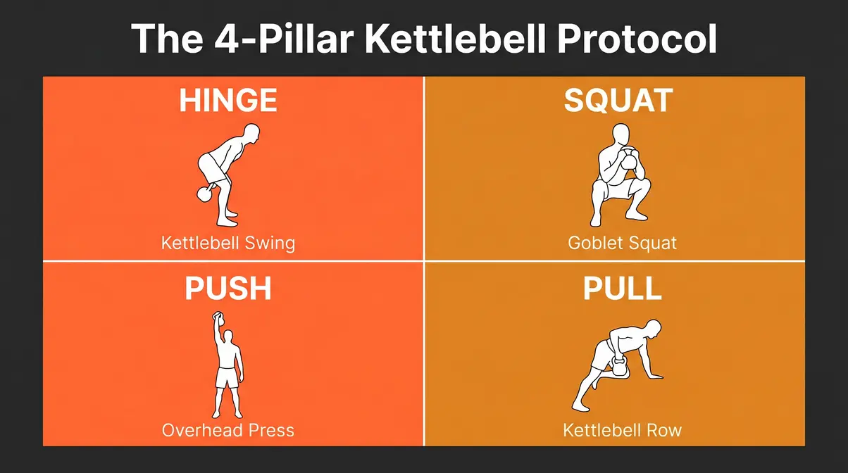 Diagram of The 4-Pillar Kettlebell Protocol showing four movement patterns for kettlebell strength training