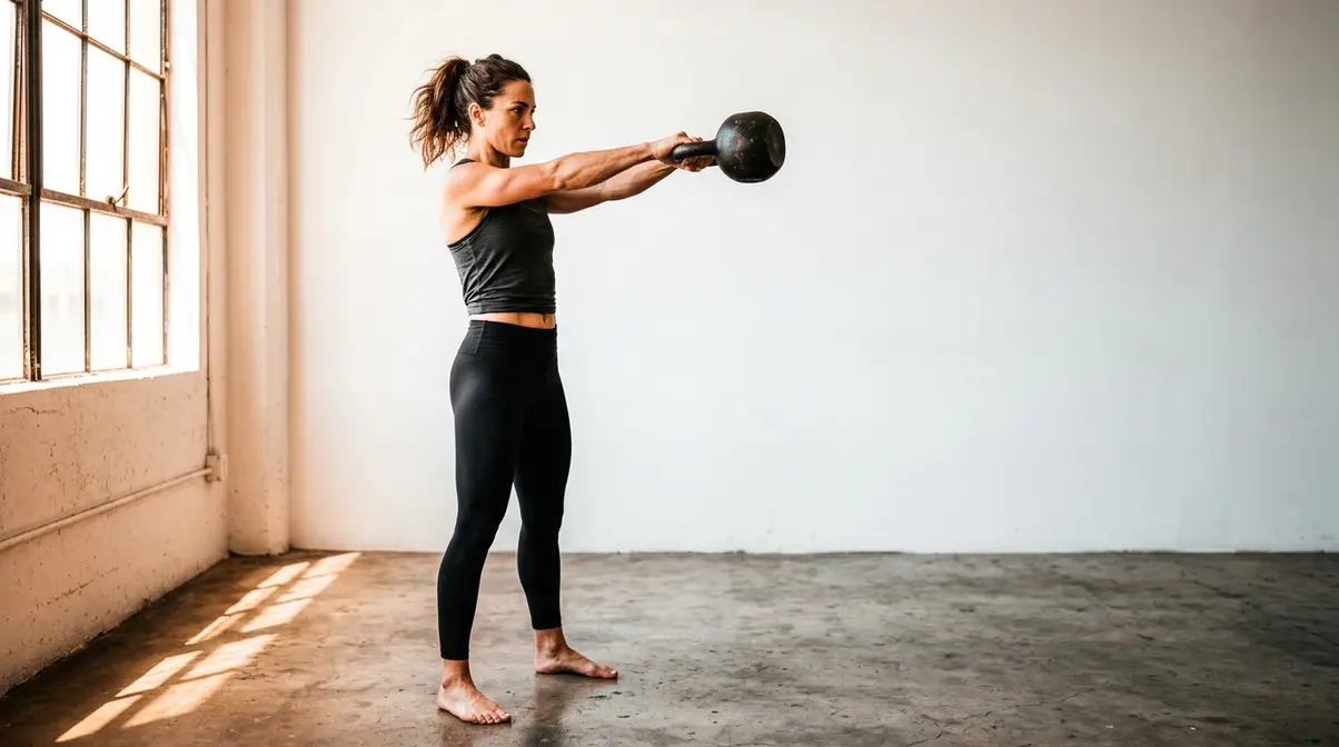 Person performing kettlebell swing demonstrating functional strength training mechanics at home