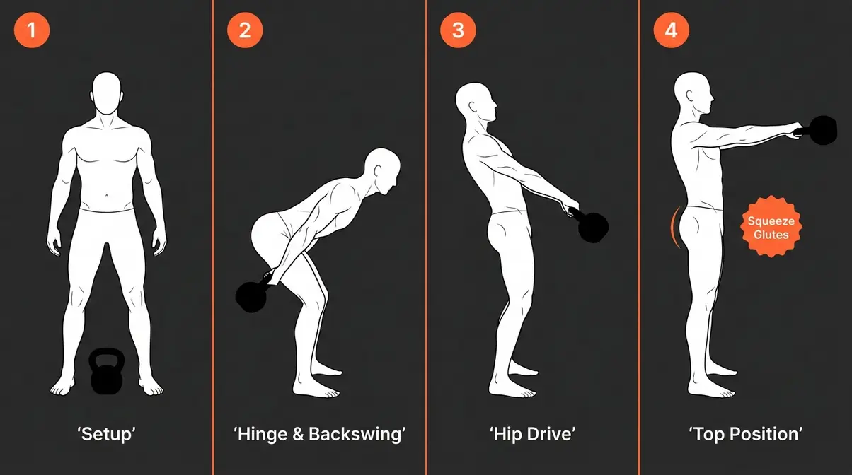 Step-by-step kettlebell swing form guide showing setup backswing hip drive and top position for beginners