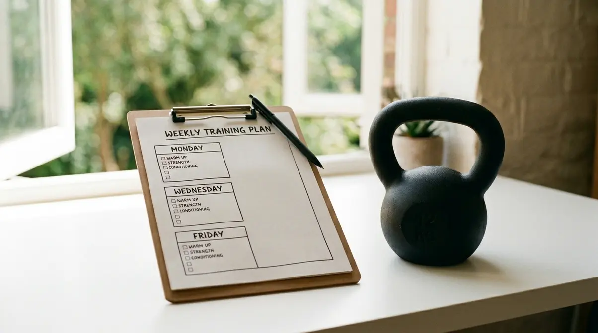 Weekly kettlebell workout plan on clipboard beside a kettlebell for strength training programming