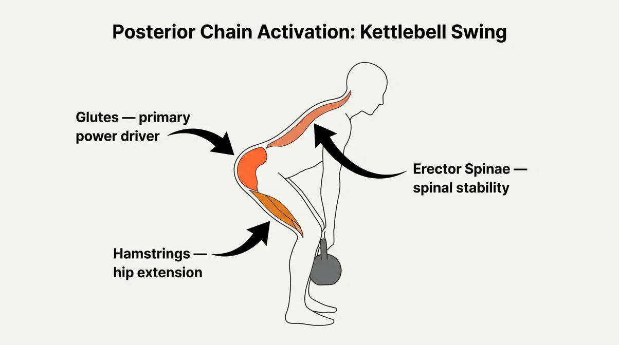 Anatomical diagram of posterior chain muscle activation during kettlebell swing for strength training