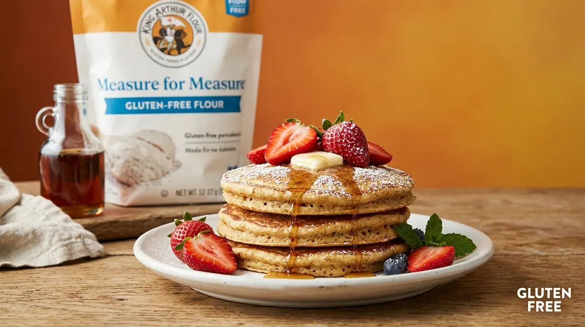 King Arthur Pancake Recipe: Fluffy, Perfect Every Time 1 Golden gluten-free King Arthur pancake stack made with Measure for Measure flour on white plate