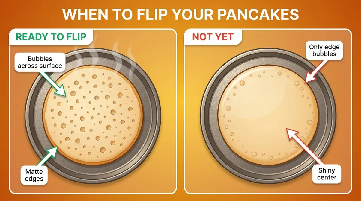 King Arthur Pancake Recipe: Fluffy, Perfect Every Time 4 Side-by-side pancake doneness guide showing bubble stage ready to flip versus shiny undercooked edges