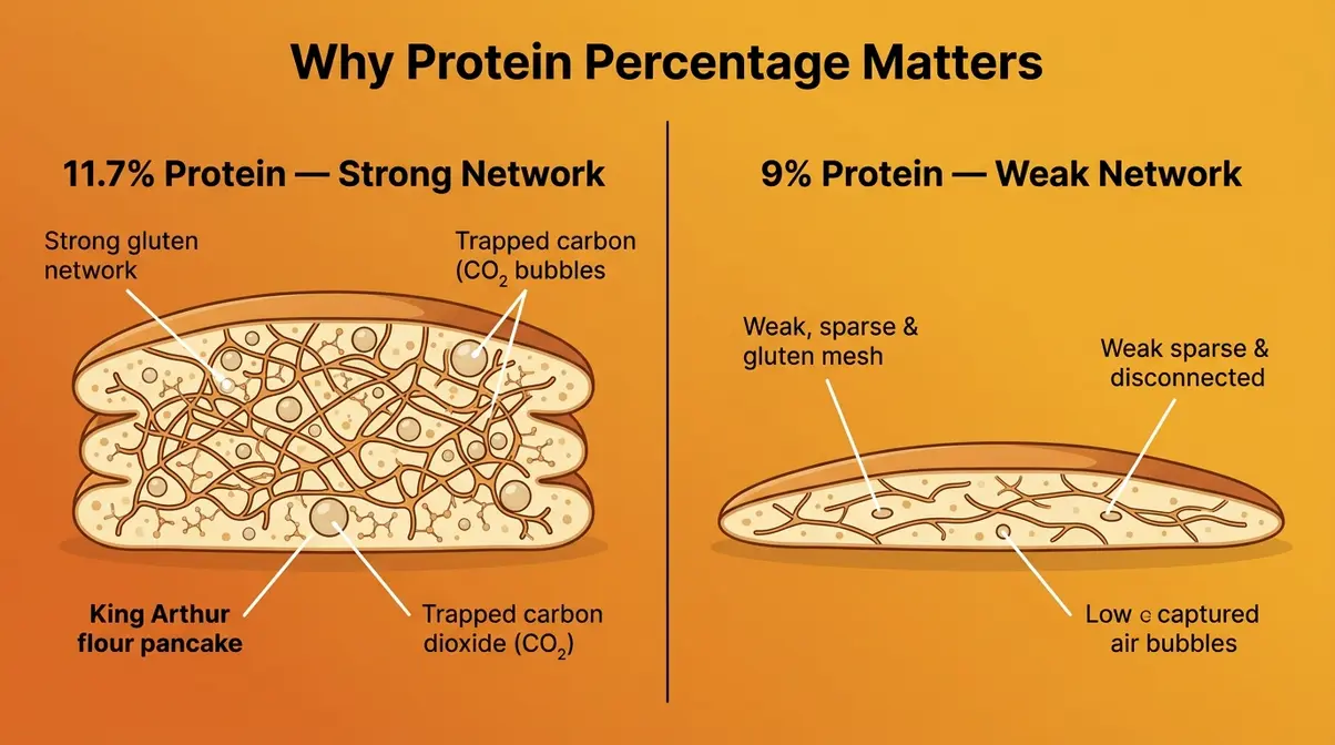King Arthur Pancake Recipe: Fluffy, Perfect Every Time 5 Science diagram showing how King Arthur flour protein percentage creates stronger gluten network for fluffy pancakes