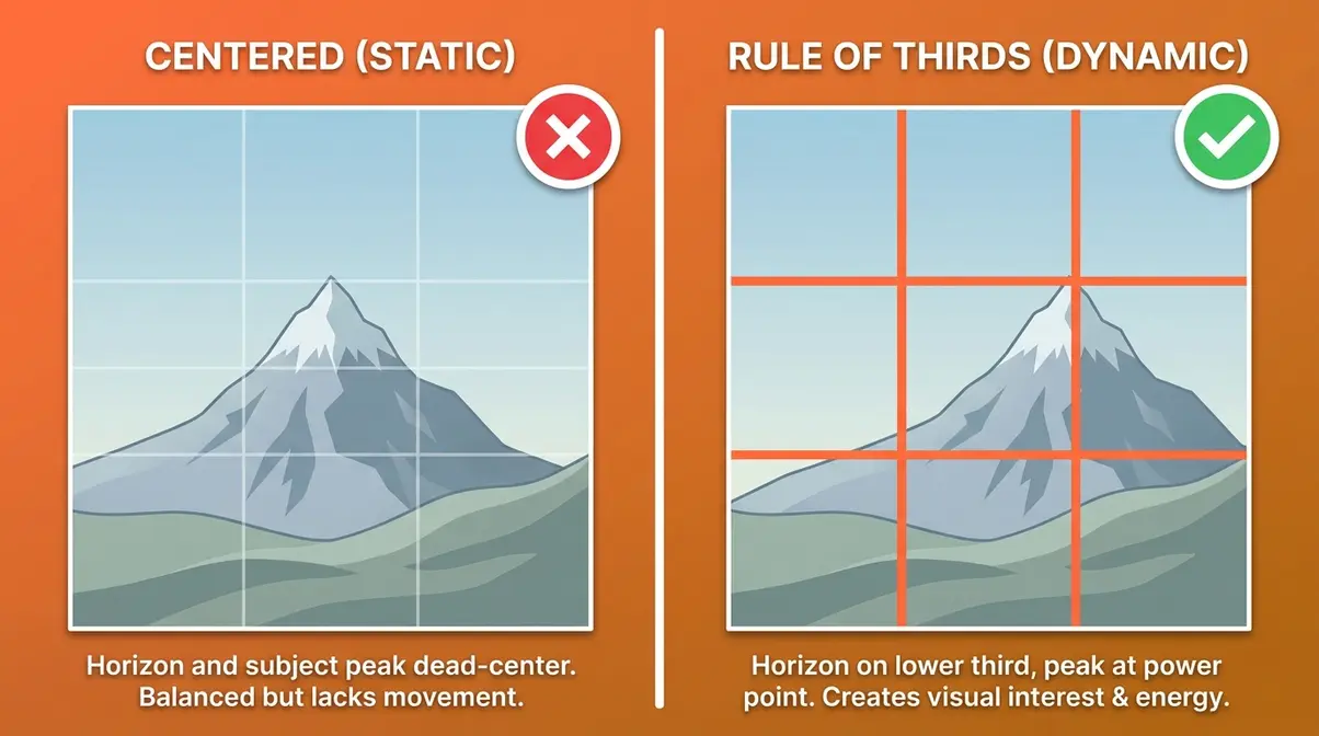 Landscape photo composition comparison showing centered versus rule of thirds framing with grid overlay