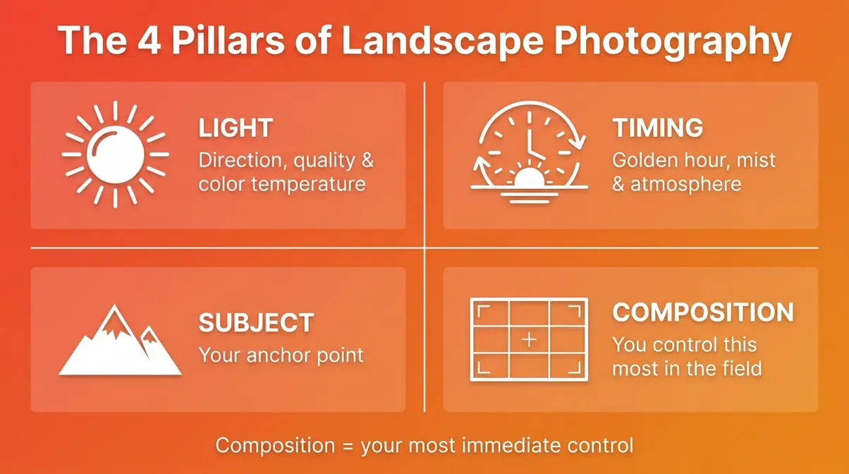 Four pillars of landscape photography infographic showing light timing subject and composition icons