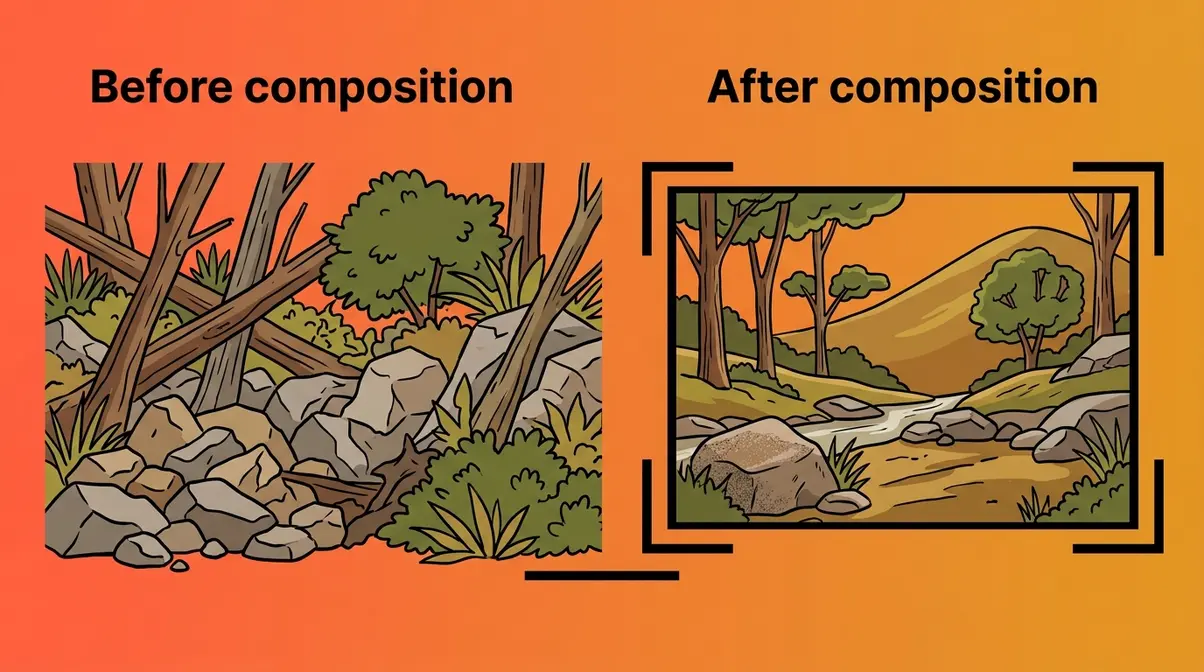 Landscape photo composition concept showing photographer viewfinder transforming chaotic scene into deliberate framing