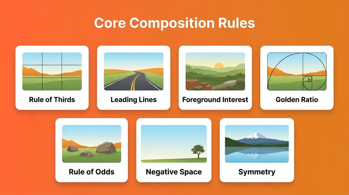 Core landscape photo composition rules overview showing seven techniques as illustrated icon grid