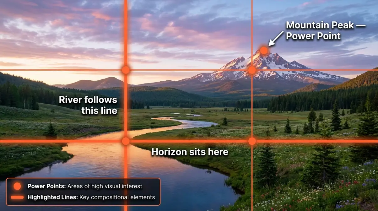 Rule of thirds grid overlay on landscape photo composition example with power point annotations