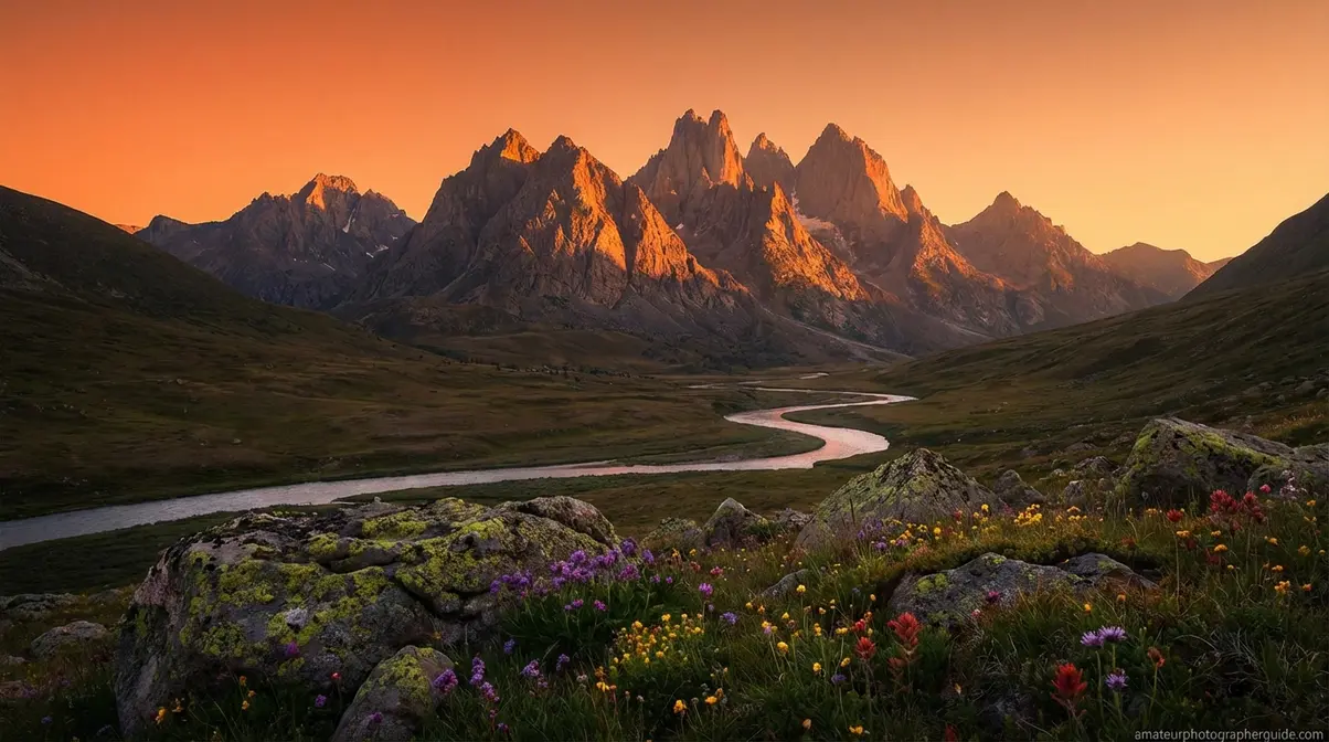 Dramatic mountain landscape at golden hour demonstrating the 4 pillars of landscape photography composition, 2026