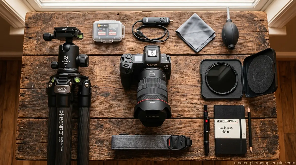 Essential landscape photography gear including wide-angle lens and carbon fiber tripod