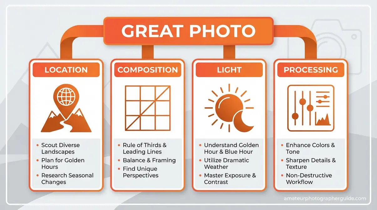 The 4 Pillars of Landscape Photography diagram showing Location, Composition, Light, and Processing as equal columns supporting a great photo