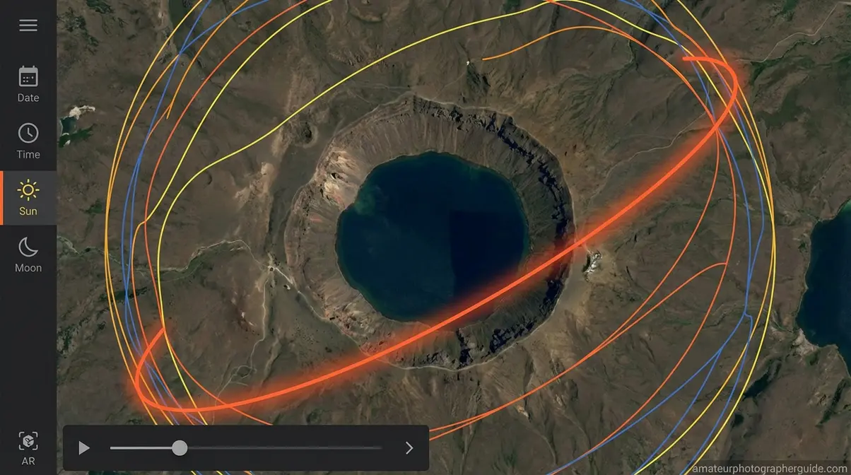 PhotoPills app Planner view showing sun path alignment over Crater Lake Oregon for golden hour landscape photography