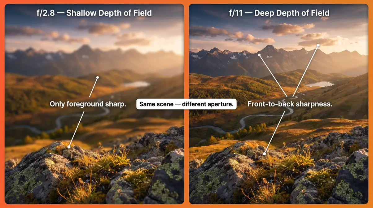 Side-by-side landscape comparison showing shallow depth of field at f/2.8 versus sharp front-to-back focus at f/11
